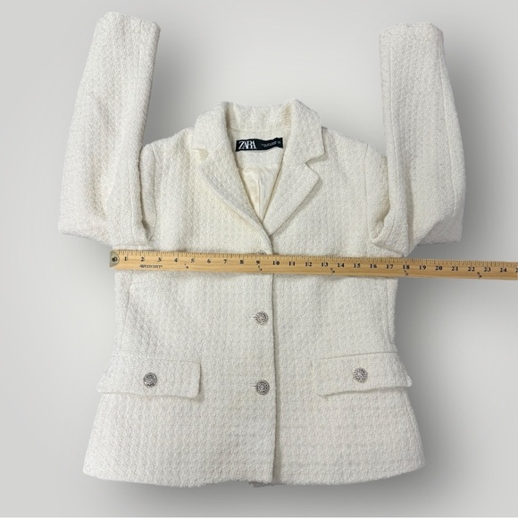 ZARA Cream / white blazer jacket Rhinestones Classy Simple Tweed Sz M - Picture 12 of 16